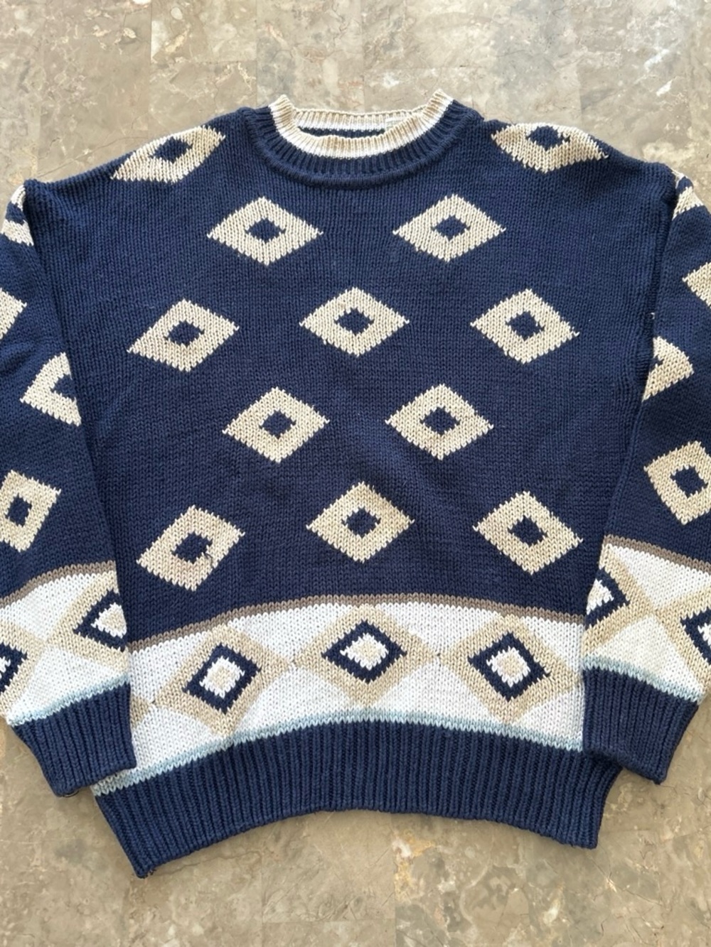 Vintage 1990s Sahara Club Navy Geometric Knit Sweater Ramie Cotton L